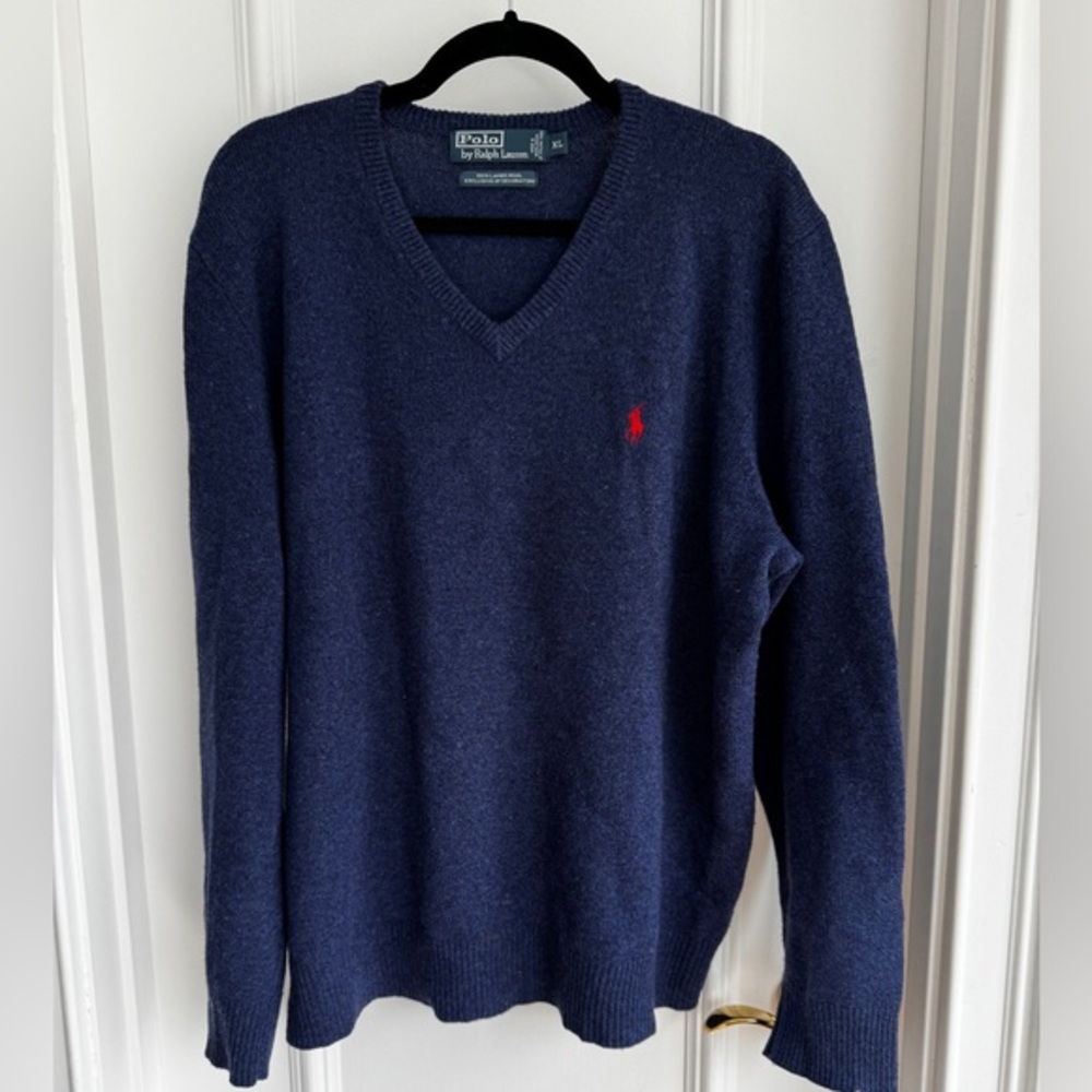 Vintage Polo Ralph Lauren Blue V Neck Lambs Wool Sweater XL